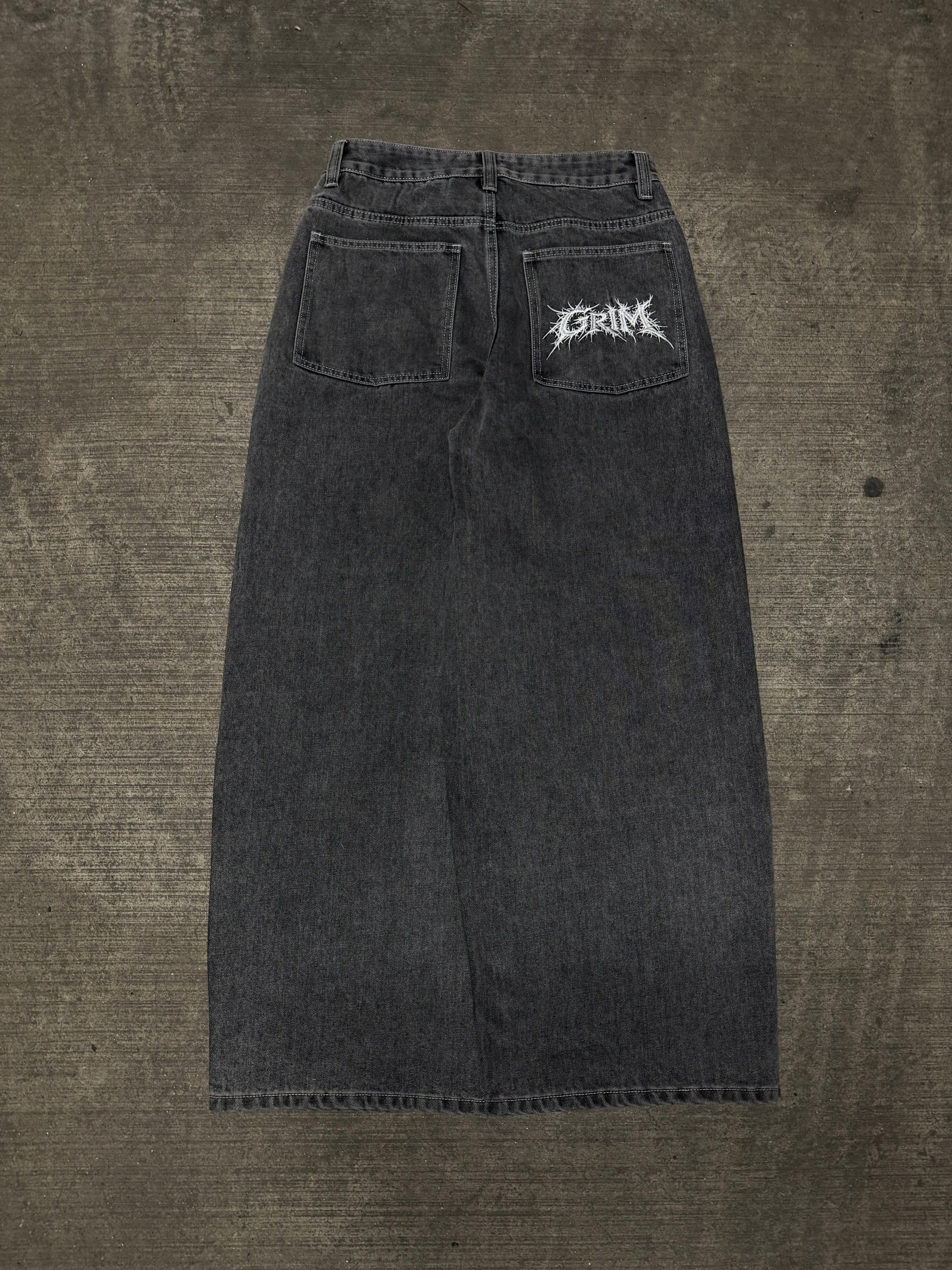 Grey Wide Leg GRIM Logo Jeans