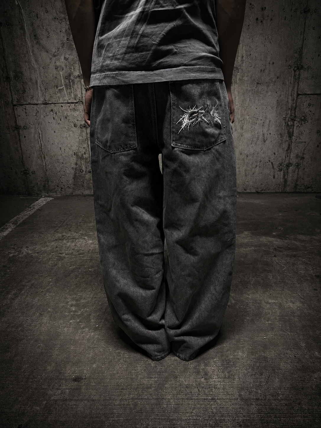 Grey Wide Leg GRIM Logo Jeans