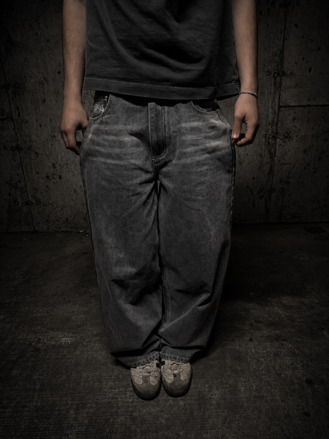 Grey Wide Leg GRIM Logo Jeans